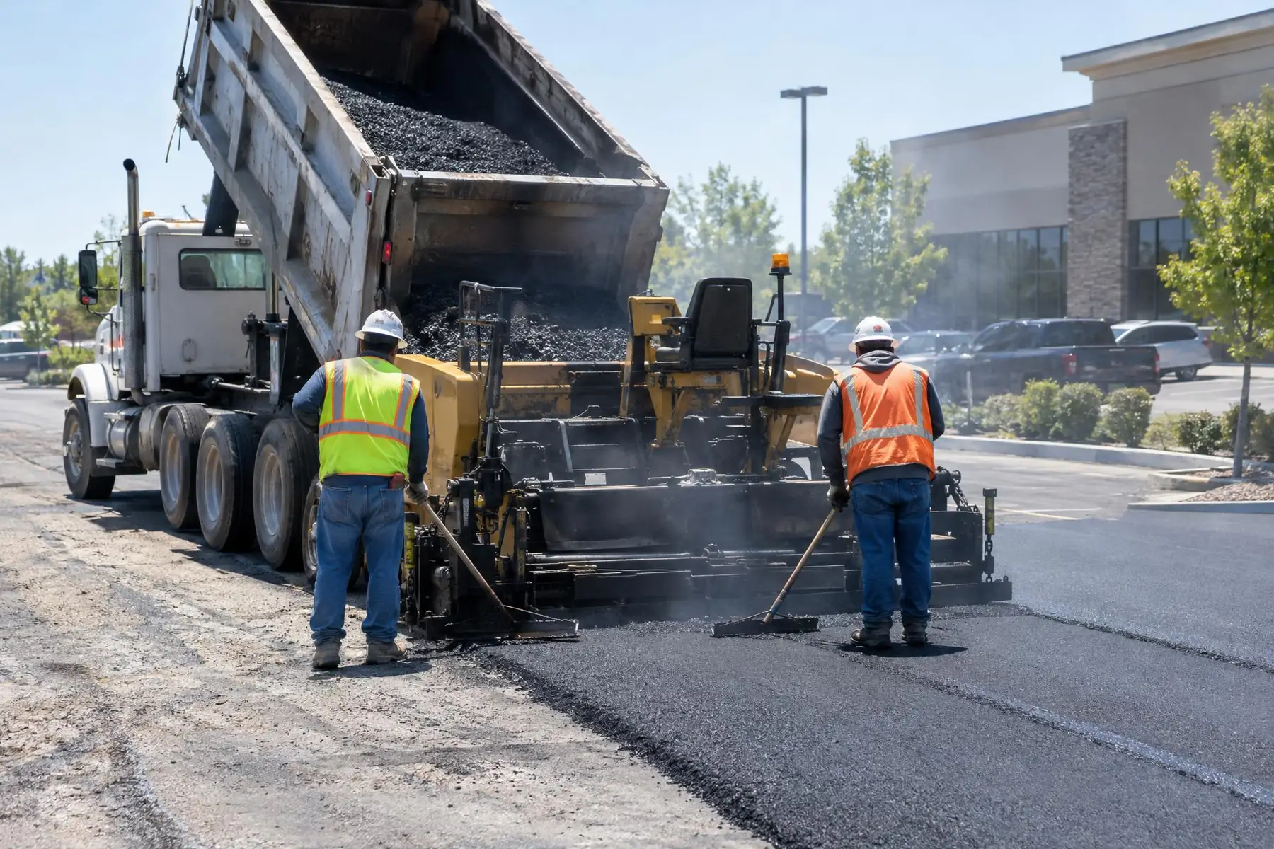 Dump truck feeding hot asphalt into a paver while two workers with rakes follow along a business parking lot