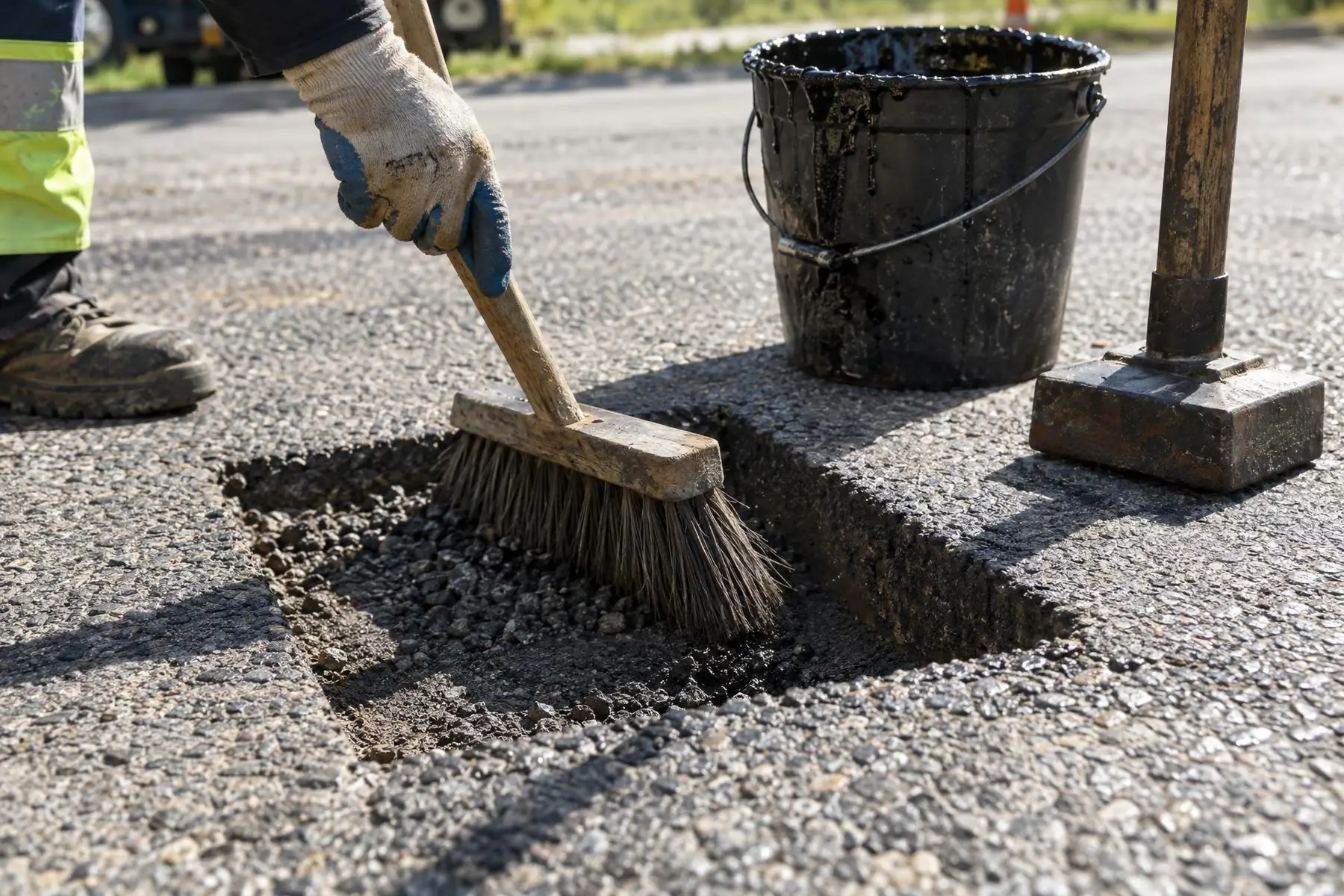 Square-cut hole in an asphalt surface being brushed clean with a stiff broom beside a tack coat bucket and tamper
